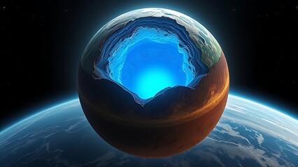 Cross-section of Earth revealing glowing blue core with dynamic liquid movement.