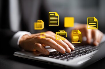 Close-up of hands typing on a laptop with document icons hovering above