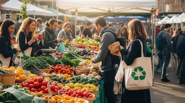 eco market buzzes with talk, fresh herbs, bright fruit, eco market offers zero-waste bags, smiles share healthy vibe, eco market grows local community. Concept sustainable living.