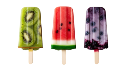 Three colorful fruit popsicles isolated on transparent background