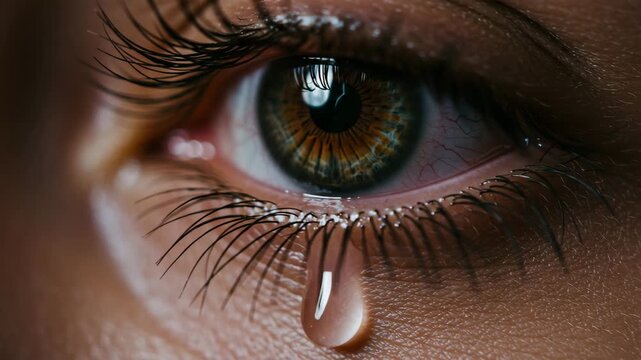 Close-up of human eye with tear and long eyelashes on skin  