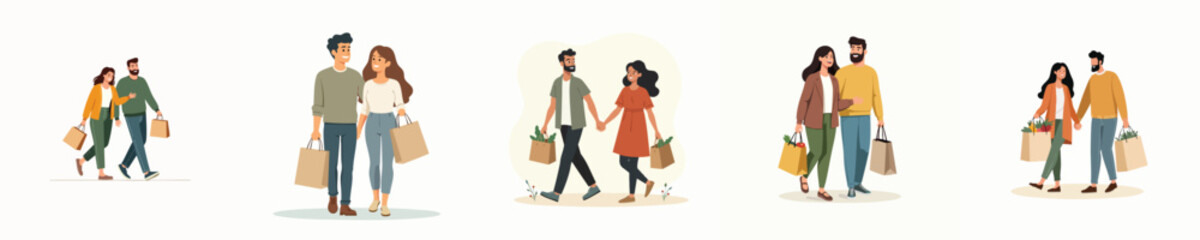People Shopping with Grocery Bags Flat Vector Illustration