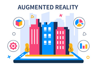 Obraz premium Augmented Reality Vector Illustration featuring Virtual Reality Technology, Gaming, and Education with a Headset and Interactive VR Touch Interface