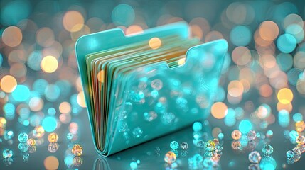 Teal folder, colorful documents, bokeh background