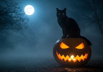 Halloween Night Black Cat Perched on Glowing Pumpkin Under a Full Moon