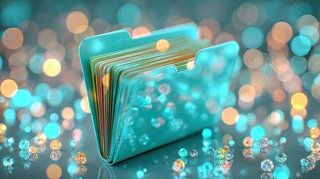 Teal folder, colorful documents, bokeh background