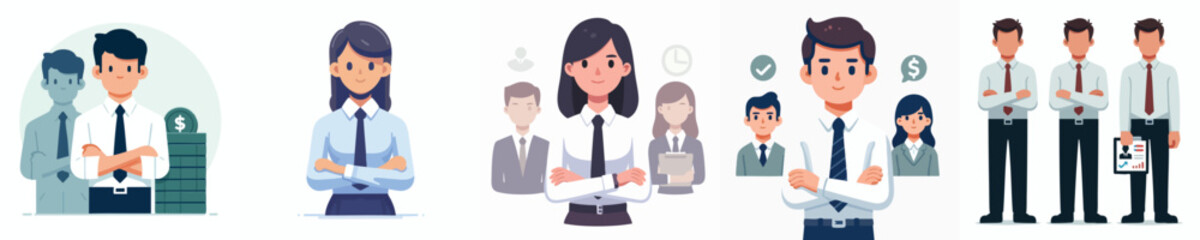 Business Team Vector Illustration Set – Corporate People, Financial Analyst, and Office Collaboration Concept
