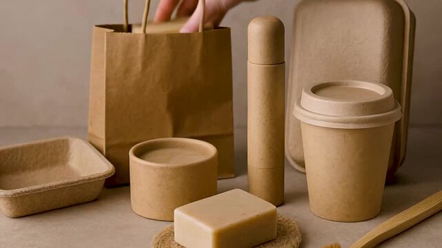 Eco packaging jars, cups and bags line table, eco packaging invites refill routine, eco packaging nurtures zero waste habit. Concept sustainable consumption.
