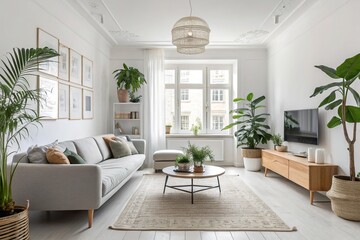 Fototapeta premium Modern minimalist living room featuring plants, cozy furniture, and natural light