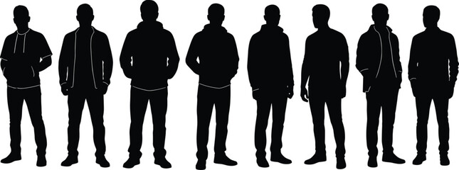 Silhouettes of eight casually dressed men in varied postures and outfits, ideal for fashion, design, character modeling, and behavior study