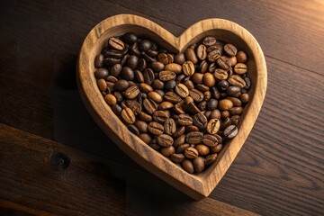 Fototapeta premium Heart-shaped wooden bowl filled with assorted coffee beans on a rustic wooden table