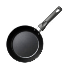 Black frying pan with silver metal accents and a dark gray handle isolated on a transparent background