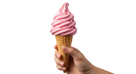 Hand holding a pink strawberry soft serve ice cream cone, isolated on transparent background