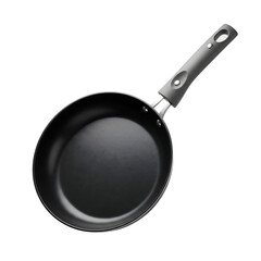 Black non-stick frying pan with grey handle and silver rim isolated on a transparent background cooking