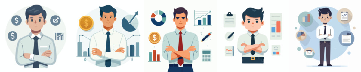 Financial Analyst Businessman Vector Illustration Set – Corporate Data, Investment, and Business Growth Concept