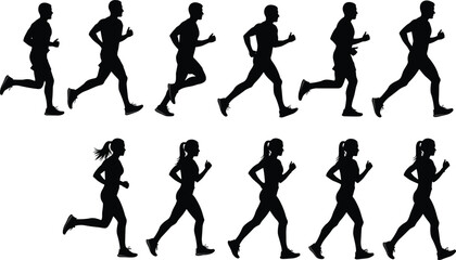 Silhouettes of male and female runners in varied poses, showcasing motion and athletic form for sports, animation, and design reference