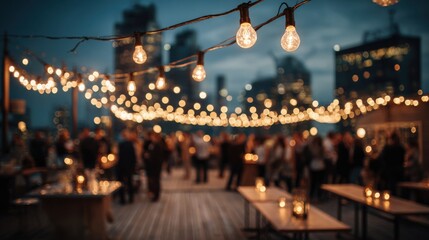Elegant rooftop evening event with blurred diverse people