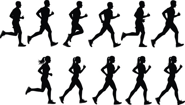 Silhouettes of male and female runners in varied poses, showcasing motion and athletic form for sports, animation, and design reference