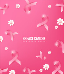 Pink ribbon breast cancer awareness month background decorated with white flowers for campaign poster flyer or banner design