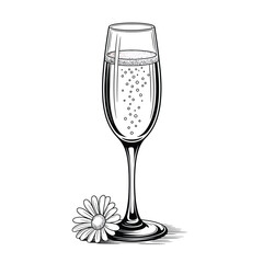 Hand drawn sketch of a champagne flute with bubbles and a flower © firoj