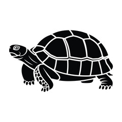Black silhouette of a tortoise walking on a white background