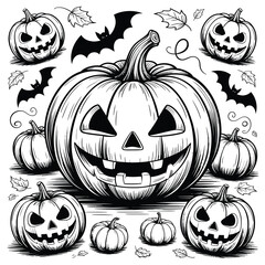 Spooky halloween illustration with carved pumpkins bats and falling leaves © firoj