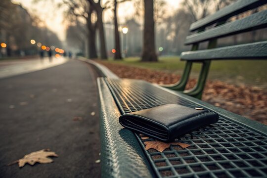 A black wallet left on a park bench surrounded by autumn leaves in a misty evening setting