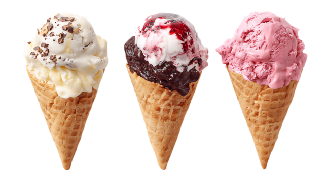 Three assorted ice cream cones with different flavors on white background.