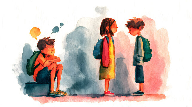 Le harc&egrave;lement &agrave; l'&eacute;cole, bien &ecirc;tre et mal &ecirc;tre, illustration aquarelle ia g&eacute;n&eacute;rative