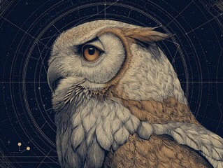 Detailed owl portrait, cosmic backdrop