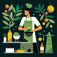Chef preparing food surrounded by fresh produce and kitchenware