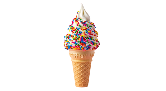 A soft serve ice cream cone with colorful sprinkles isolated on transparent background