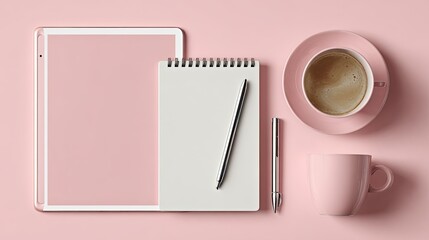 Pastel pink workspace with tablet, notepad, coffee, and pen