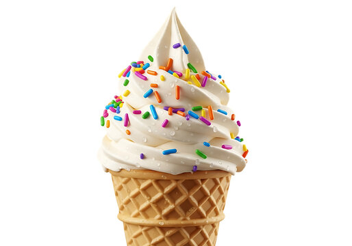 Soft serve ice cream cone with colorful sprinkles isolated on transparent background