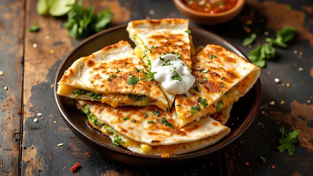 A delicious plate of golden-brown quesadillas garnished with herbs, served with a side of salsa and lime, showcasing mouthwatering textures and colors.