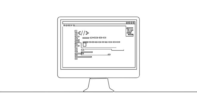 A minimalistic outline of a computer monitor displaying lines of code.