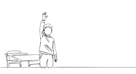 A student is raising their hand to answer a question, eager to participate in class.