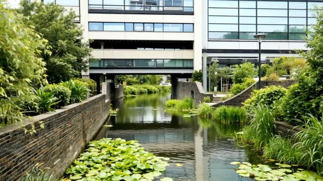 view ofa serene canal scene with rippling water and lush greenery in slow motion