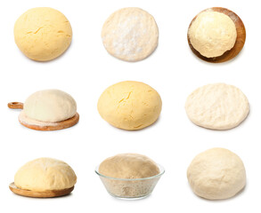 Set of raw dough on white background