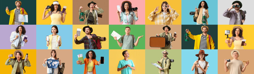 Collage of travelers on color background
