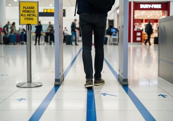 Airport Security Check Detail A Person Walking Through Gate At Terminal. Safety Procedures Focus, Travel, and Modern Architecture