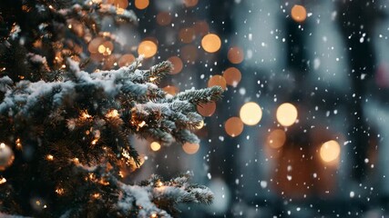 Magical festive christmas tree in winter snow with glowing bokeh light - Powered by Adobe