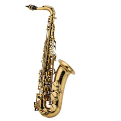 Golden alto saxophone with detailed keys and bell on black isolated on a transparent background music