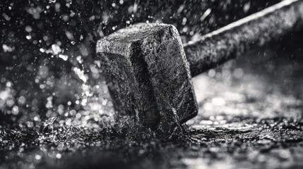 Obraz premium Sinking square nail into stone, dramatic black and white, water splashing