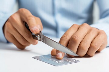 A man in a blue shirt cutting a silver credit card with scissors