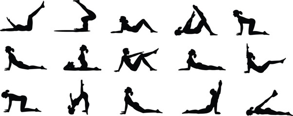 Yoga pose silhouette collection, female workout positions, stretching woman vector, black fitness clipart set, pilates and exercise illustration