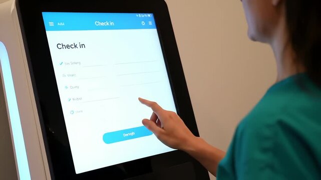 Person Using Touchscreen Kiosk for Check-In Process at Healthcare Facility