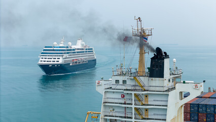 Smoke exhaust gas emissions carbondioxide from cargo lagre ship container ship,Marine diesel engine...