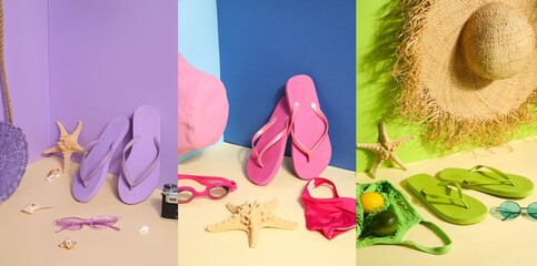 Collage of flip-flops with beach accessories on color background