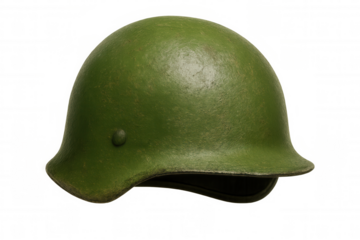 Weathered green combat helmet isolated on transparent background, representing military history and protection